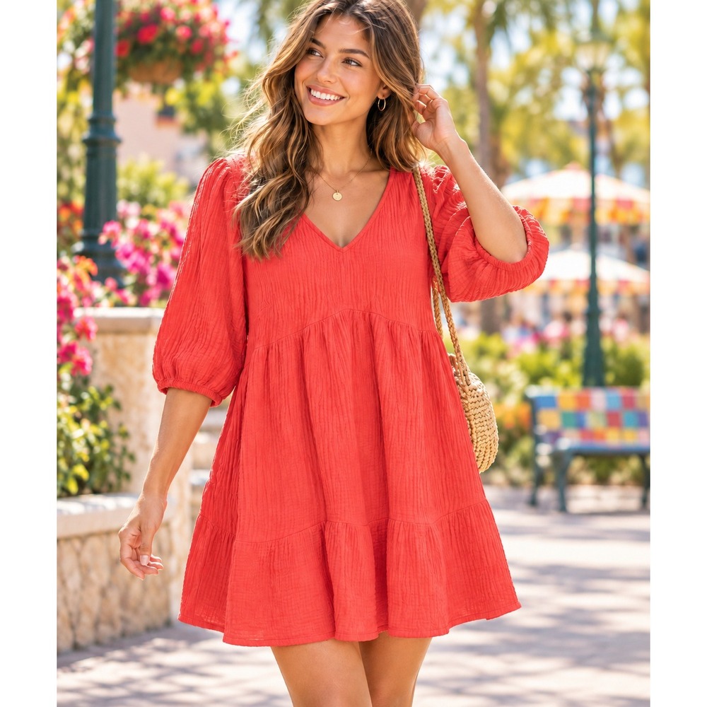Women's 1X Plus Tiered Gauze Dress V-Neck Coral Orange 3/4 Sleeve Babydoll